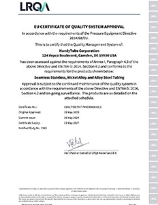 European Union Pressure Equipment Directive (PED) Certificate